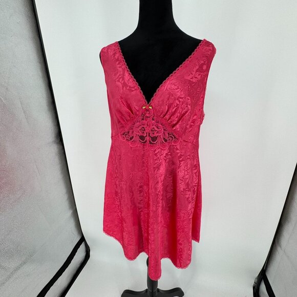 Jacquard Lace Slip Dress Womens Size Large Jacquard Hot Pink Satin Silky Vintage - Picture 3 of 8